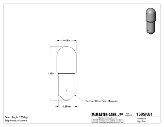Technical drawing of Miniature Light Bulb, Bayonet Base, Single Contact, Tubular, Trade No. 755.